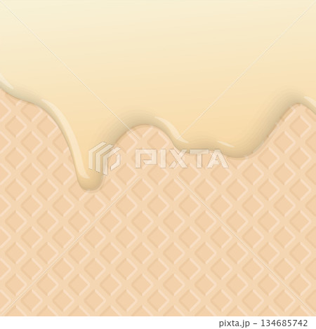 Melted vanilla ice cream dropping on ice cream cone texture square background graphic illustration. Melted vanilla ice cream dropping on ice cream cone texture square background graphic illustration. 134685742