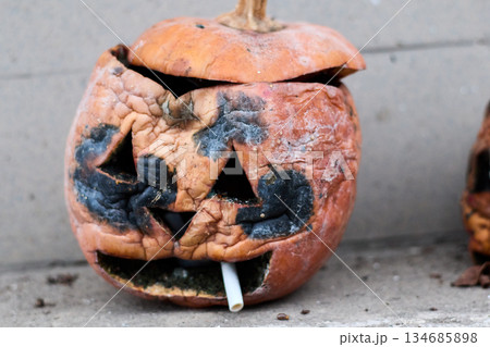 Decayed Jack-o'-Lantern: Close-up Shot of Mold, Wrinkles, and Cigarette. Decayed Jack-o'-Lantern: Close-up Shot of Mold, Wrinkles, and Cigarette. 134685898