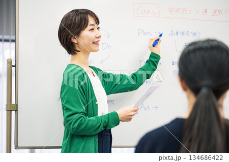 営業会議でホワイトボードを使って発表する若い女性社員 営業会議でホワイトボードを使って発表する若い女性社員 134686422