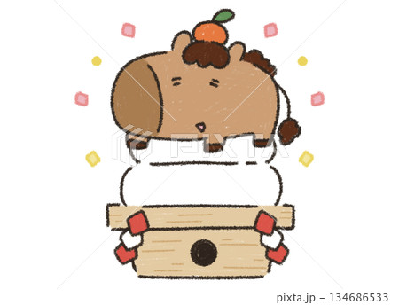 鏡餅に乗ってまったりする馬 134686533