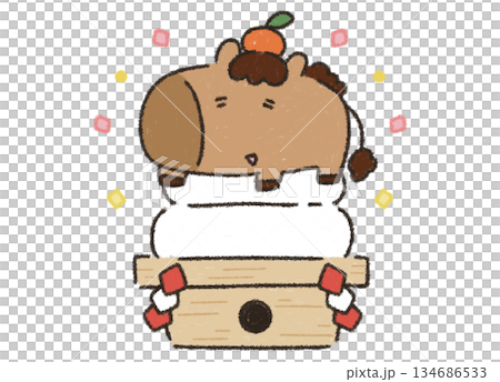 鏡餅に乗ってまったりする馬 134686533