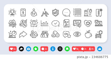 Charging station, Inflation and Smartphone payment line icons pack. Social media: share, comment, like icons. Share, Food delivery, Growth chart web icon. Vector 134686775
