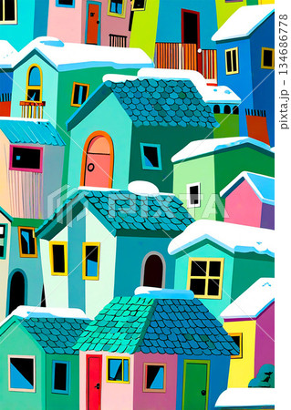 北欧風の鮮やかな家々が並ぶ冬の街の風景バックグラウンド 134686778