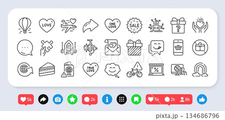 Fishing reel, Puzzle and Puzzle options line icons pack. Social media: share, comment, like icons. Air balloon, Bike attention, Yummy smile web icon. Vector Fishing reel, Puzzle and Puzzle options line icons pack. Social media: share, comment, like icons. Air balloon, Bike attention, Yummy smile web icon. Vector 134686796