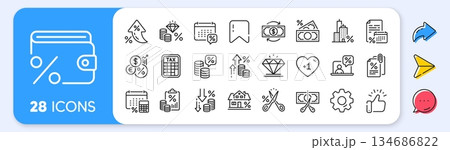 Tax line icons. Interest rate, AI generate, Inflation icons. Mortgage rate, Money credit and finance payroll set. Increase percent rate, return overpayment money, tax amount line icons. Vector 134686822