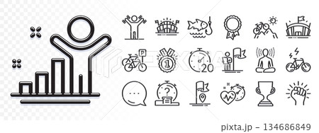 Flag, Leadership and Yoga line icons for web app. Glare of light effect. Message icon. Pack of Approved, Cardio training, Success pictogram icons. Quiz, Mountain bike, Bicycle parking signs. Vector 134686849