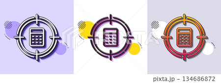 Calculator in target line icon. Halftone dotted pattern. Gradient icon with grain shadow. Accounting or Audit sign. Calculate finance symbol. Line calculator target icon. Various designs. Vector 134686872