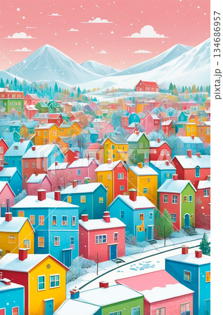 北欧風のカラフルな住宅街と遠くの雪山が美しい冬の風景背景素材 134686957