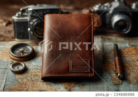 ヴィンテージ旅行アイテムで旅を計画するコンセプト 134686986
