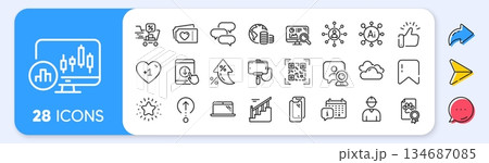 Laptop, Calendar and Networking line icons. Interest rate, AI generate, Inflation icons. Pack of Cloudy weather, Smartphone glass, Engineer icon. Twinkle star, Budget, Talk bubble pictogram. Vector 134687085