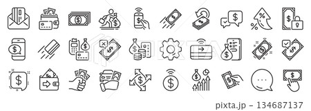 Payment wallet line icons. Settings gear, Message, Inflation icons. Set of Accept money transfer, Pay with Phone and Credit card by mail icons. Vector Payment wallet line icons. Settings gear, Message, Inflation icons. Set of Accept money transfer, Pay with Phone and Credit card by mail icons. Vector 134687137