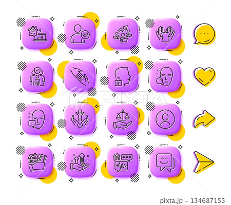 Face search, Unlock system and Headshot line icons. App 3d buttons. Social media comment, share, like icons. Pack of Biometric security, Work home, Family insurance icon. Vector 134687153