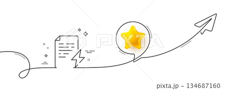 Power certificate line icon. Continuous line with share plane. Electric energy document sign. Charge manual symbol. 3d star in speech bubble. Power certificate single line ribbon. Vector 134687160