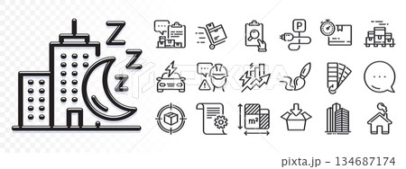 Cardboard box, Inspect and Brush line icons for web app. Glare of light effect. Message icon. Pack of Skyscraper buildings, Inventory report, Parcel tracking pictogram icons. Vector 134687174