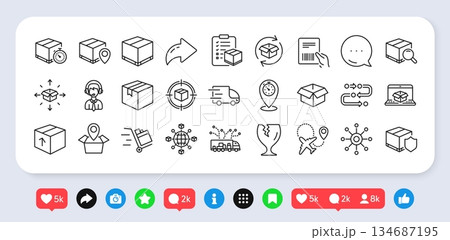 Logistics, Shipping document line icons. Social media: share, comment, like icons. Set of Truck Delivery box, Checklist icons. Parcel tracking shipping, World trade logistics. Vector Logistics, Shipping document line icons. Social media: share, comment, like icons. Set of Truck Delivery box, Checklist icons. Parcel tracking shipping, World trade logistics. Vector 134687195