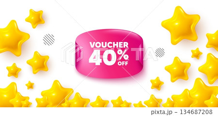 Coupon sticker stars banner. 3d stars background. Voucher 40 percent off sale. Special offer coupon sign. Black friday discount symbol. Winner sparkle banner. Promo background. Vector 134687208