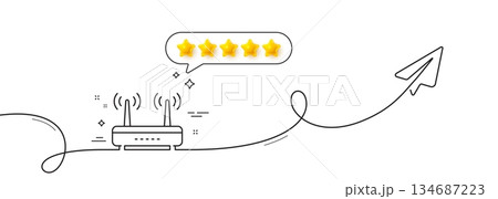 Wifi router line icon. Continuous line with share plane. Computer component sign. Internet symbol. Five star rate review in speech bubble. Wifi single line ribbon. Loop curve pattern. Vector 134687223