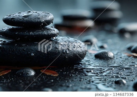 濡れた黒い川石の禅背景 134687336