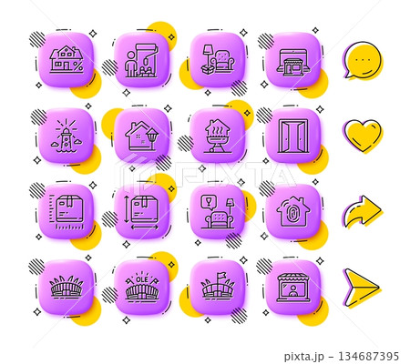 Marketplace, Lighthouse and Box size line icons. App 3d buttons. Social media comment, share, like icons. Pack of Package size, Arena stadium, Lounge icon. Painter, Open door, Arena pictogram. Vector 134687395