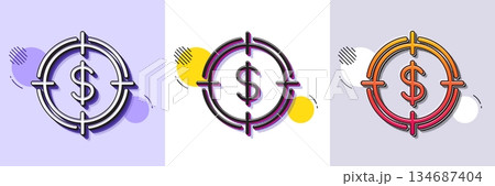 Target with Dollar line icon. Halftone dotted pattern. Gradient icon with grain shadow. Aim symbol. Cash or Money sign. Line dollar Target icon. Various designs. Vector 134687404