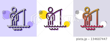 Fisherman line icon. Halftone dotted pattern. Gradient icon with grain shadow. Fishing place sign. Fisher with rod symbol. Line fisherman icon. Various designs. Vector 134687447
