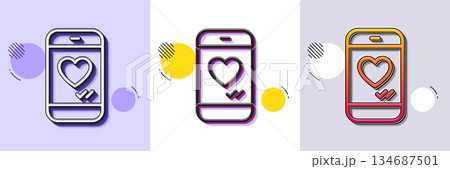 Phone with heart line icon. Halftone dotted pattern. Gradient icon with grain shadow. Social media like sign. Smartphone Love message symbol. Line love chat icon. Various designs. Vector Phone with heart line icon. Halftone dotted pattern. Gradient icon with grain shadow. Social media like sign. Smartphone Love message symbol. Line love chat icon. Various designs. Vector 134687501