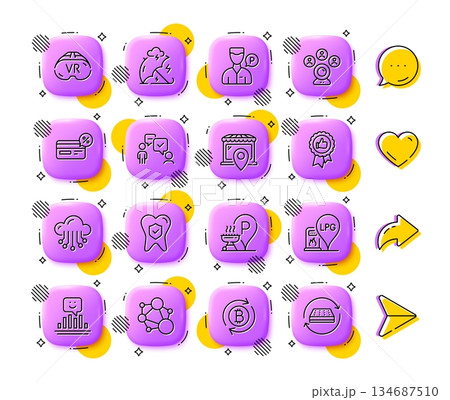 Grill place, Integrity and Valet servant line icons. App 3d buttons. Social media comment, share, like icons. Pack of Cloud storage, Market location, Video conference icon. Vector 134687510