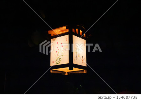 向島百花園の夜に浮かび上がる和紙の行灯と月見を描いた日本庭園の灯り 134687738
