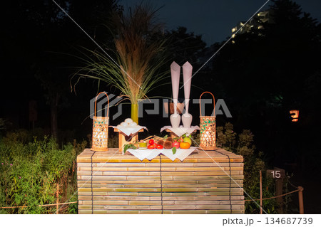 向島百花園で行われる月見の会のお供えと秋の夜の庭園風景 向島百花園で行われる月見の会のお供えと秋の夜の庭園風景 134687739