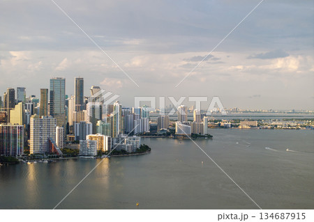 Miami, Florida, USA. Aerial view of American downtown office district. High commercial and residential skyscraper buildings in modern US city 134687915