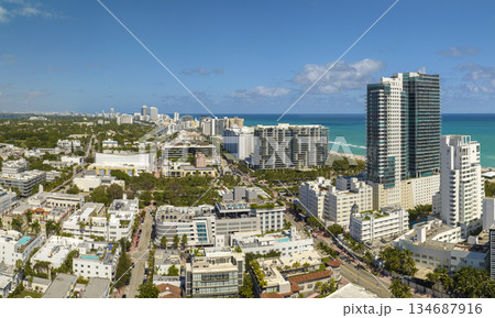 Miami Beach city with high luxury hotels and condos. High angle view of tourist infrastructure in southern Florida, USA 134687916