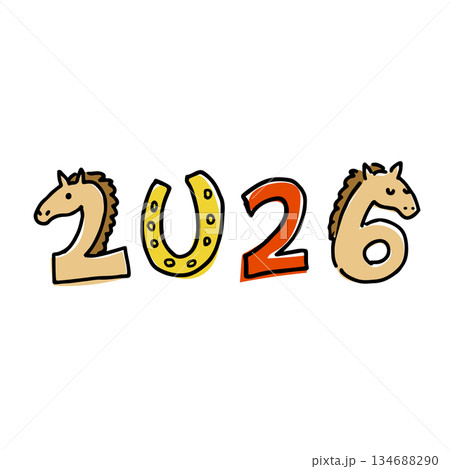 馬の顔と馬蹄で構成された「2026」デザインの午年イラスト 134688290