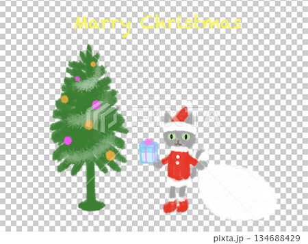 貓咪聖誕老人和聖誕樹賀卡 134688429
