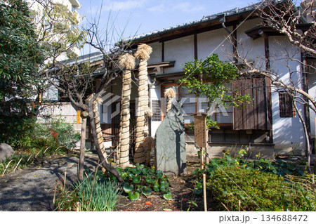 向島百花園の冬囲いと和風建築が残る日本庭園の冬景色 134688472