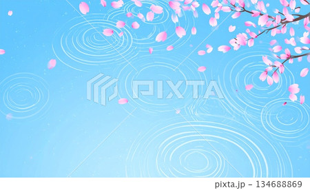 青い水面に桜の花びらが舞い、春の静けさと和の情緒を感じさせるイラスト背景素材 134688869