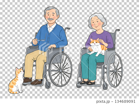 A scene of a grandmother and grandfather sitting in wheelchairs, gently stroking a cat curled up on their laps. A scene of a grandmother and grandfather sitting in wheelchairs, gently stroking a cat curled up on their laps. 134689091
