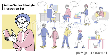 高齢者の日常とデジタルライフを描いた人物イラストセット 高齢者の日常とデジタルライフを描いた人物イラストセット 134689131