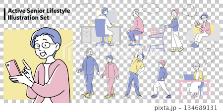 A set of illustrations depicting the daily and digital lives of elderly people A set of illustrations depicting the daily and digital lives of elderly people 134689131