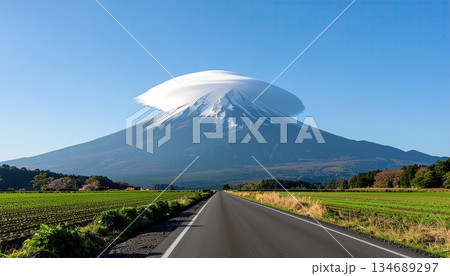 《AI画像》笠雲のかかった富士山と青空 134689297