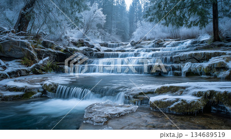 青い未明に霧氷と薄氷が揺れる段瀑 青い未明に霧氷と薄氷が揺れる段瀑 134689519