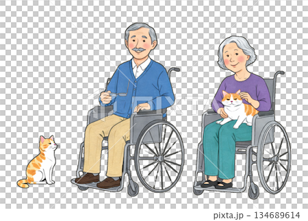 A scene of a grandmother and grandfather sitting in wheelchairs, gently stroking a cat curled up on their laps. A scene of a grandmother and grandfather sitting in wheelchairs, gently stroking a cat curled up on their laps. 134689614