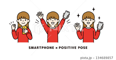 スマートフォンを持つ若い女性の上半身ベクターイラスト素材＿ポジティブなポーズセット＿カラー 134689857