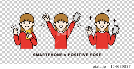 一位年輕女性手持智慧型手機的上半身向量插圖_積極姿勢集_彩色 134689857
