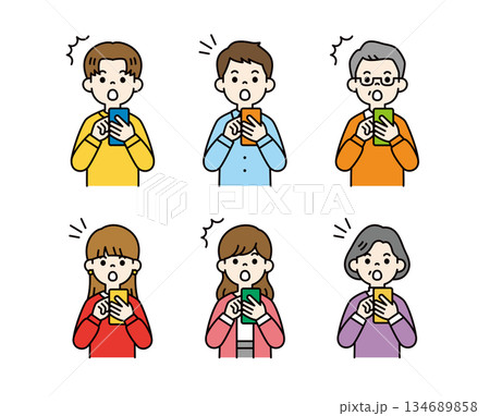 驚いた表情でスマートフォンを見る、様々な年齢の人物のベクターイラスト素材セット＿カラー 134689858