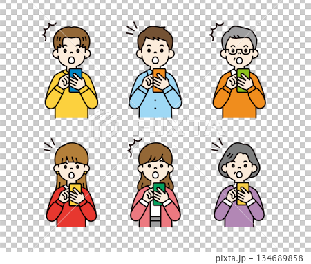 驚いた表情でスマートフォンを見る、様々な年齢の人物のベクターイラスト素材セット＿カラー 134689858
