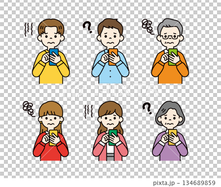 困った表情でスマートフォンを見る、様々な年代の男女のベクターイラスト素材セット＿カラー 134689859