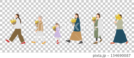 ミモザを抱えて歩く、世代の異なる日本人女性たちのイラスト 134690087