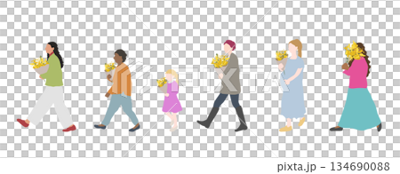 女性デーのイラスト|多様な女性と女の子がミモザを持って歩く人物セット 女性デーのイラスト|多様な女性と女の子がミモザを持って歩く人物セット 134690088