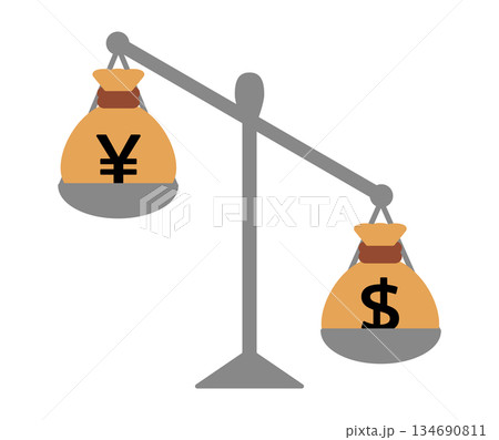 円安ドル高・金融・投資・FXのコンセプト・為替相場の天秤イラスト・円とドルの価値を比較するアイコン 円安ドル高・金融・投資・FXのコンセプト・為替相場の天秤イラスト・円とドルの価値を比較するアイコン 134690811