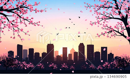 《AI画像》桜が舞い散る春の都市風景 134690905